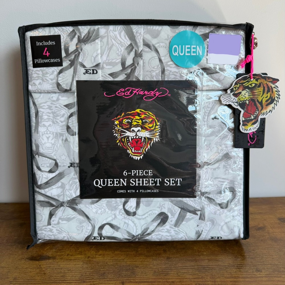 New Ed Hardy Queen 6 Pc Double Brushed Sheet Set White Grey Tiger Bows Cute Y2K